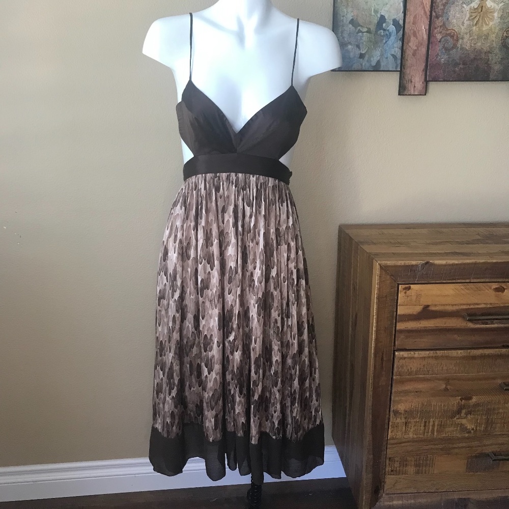 BCBG Maxazria Brown Silk Open Back Midi Dress